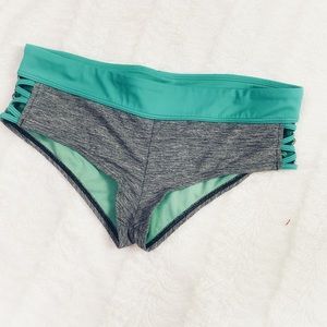 Athleta swim suit bottoms, open sides, teal & gray
